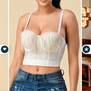 White corset rhinestone fringe top, M, NWT